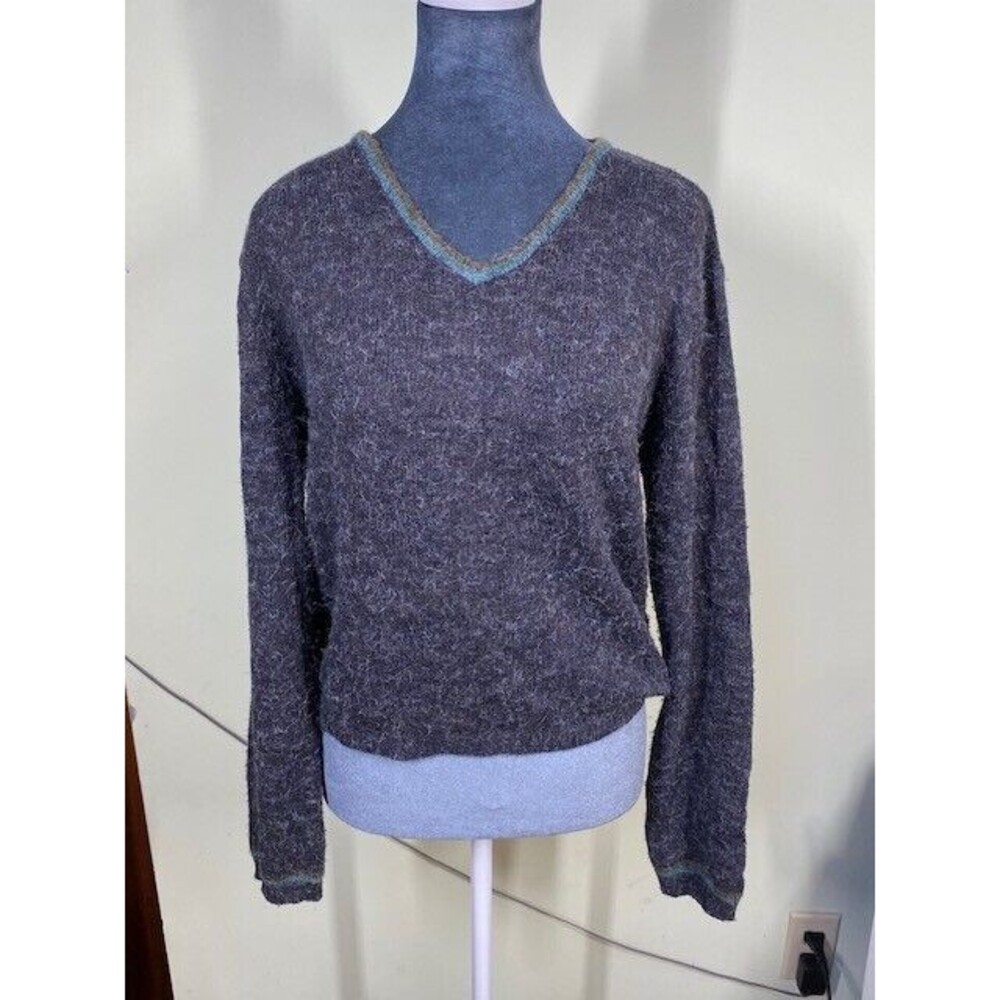 Denial Womens Sz L Silk Blend Gray V-Neck Long Sleeve Sweater Preppy Career